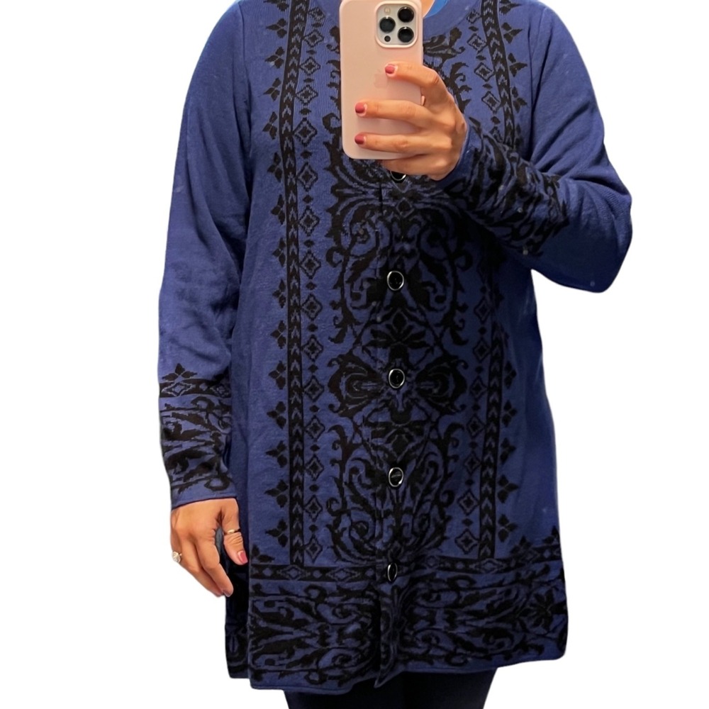 Susan Graver Jacquard‎ Button Front RoyalBlue Sweater Women Size S